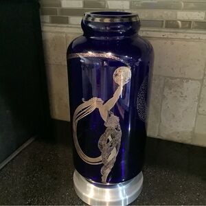Vintage Erte' "Fireflies" Blue Glass And Silver Metallic Vase By Franklin Mint